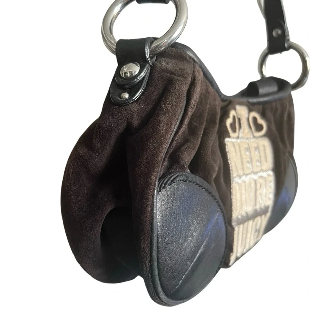 VTG Juicy Couture ‘I Need More Juicy’ Handbag Y2K Brown Velour Leather Trim - Picture 4 of 11